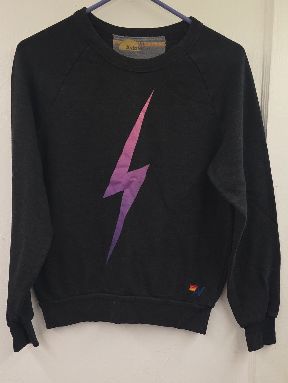 Aviator Nation XS Black Purple Lightning Bolt Crewneck Sweatshirt Made in USA